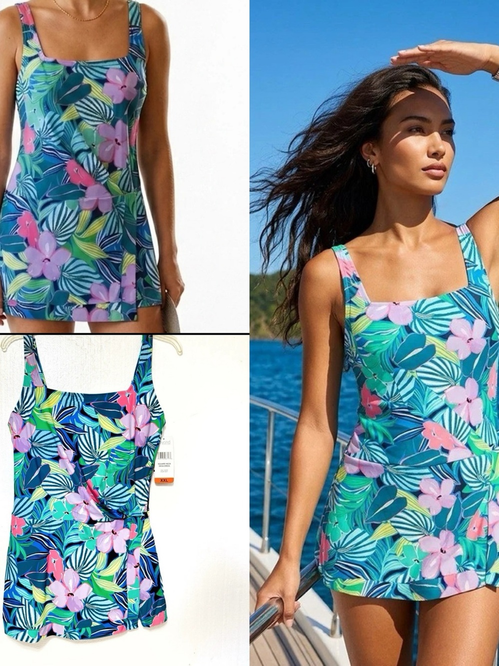 Beyond Control Floral Multi Color Square‎ Neck Swim Dress Size XXL